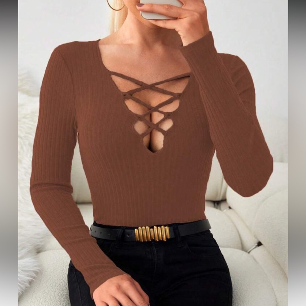 Gray Ribbed Long Sleeve Top - Picture 6 of 14